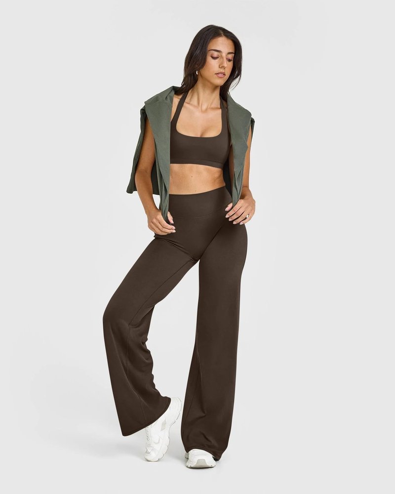 OQQ Yoga Pants Women High Waist Stretch Casual Soft Straight Leg Bottoms Darkbrown