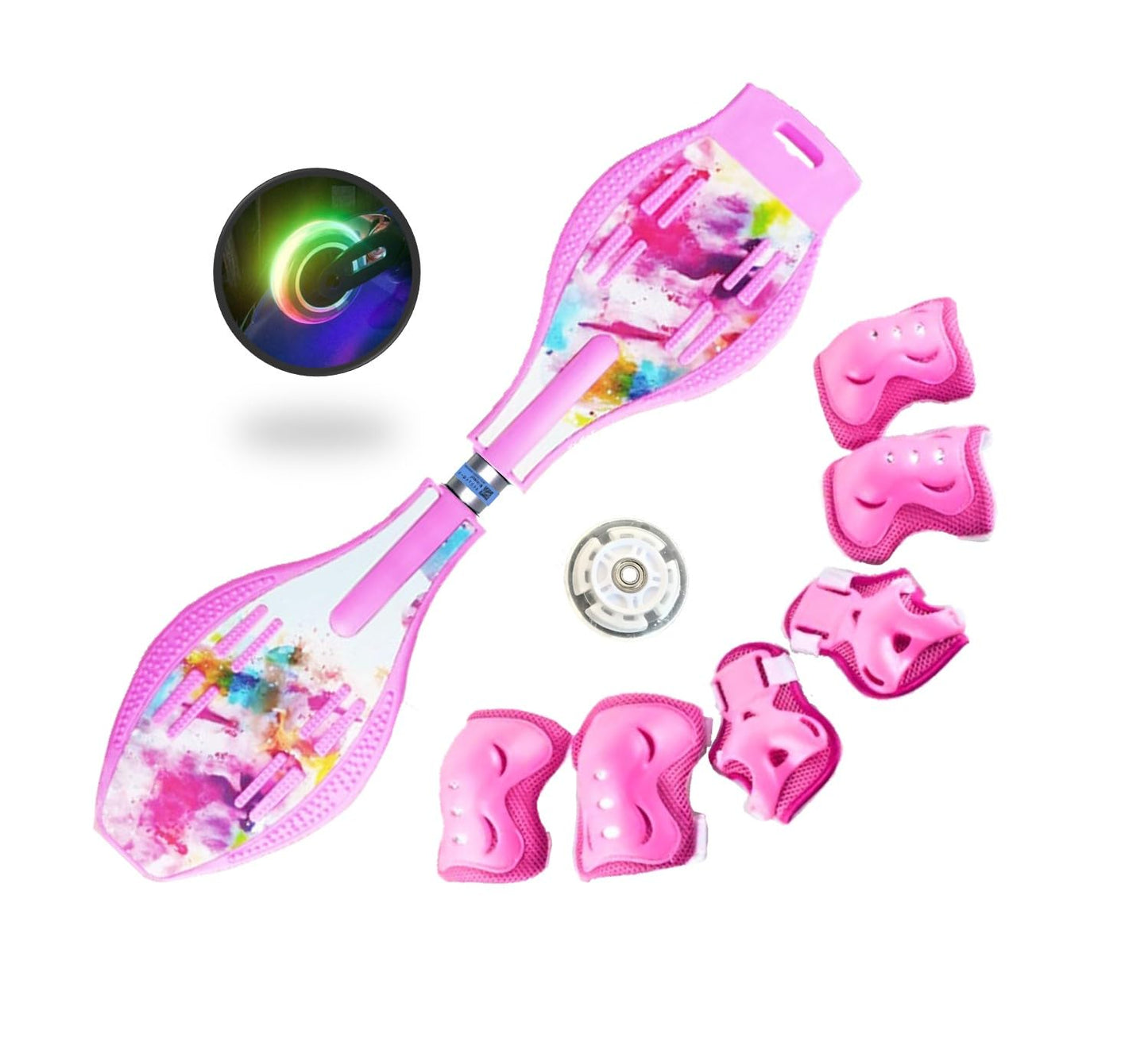 My Jay Board All-in-one Skateboard with Built-in LED Flash Wheels | 2 Wheel Pivoting Lightweight 360-degree Caster Board for Kids, Teens | Knee/Elbow/Hand Pads & Replacement Tire Included