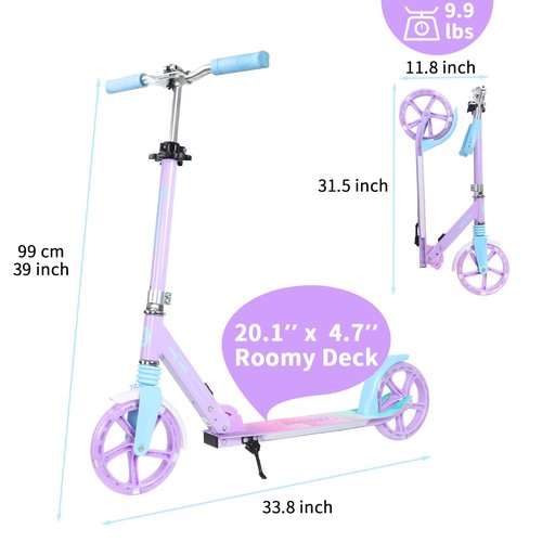 BELEEV V5 Plus Scooters for Kids Ages 6+, Teens with Light-Up Wheels & Deck, 2 Wheel Folding Lightweight Sport Scooter with 4 Adjustable Height, 8-inch Big Wheels, Carry Strap (Blue Purple)