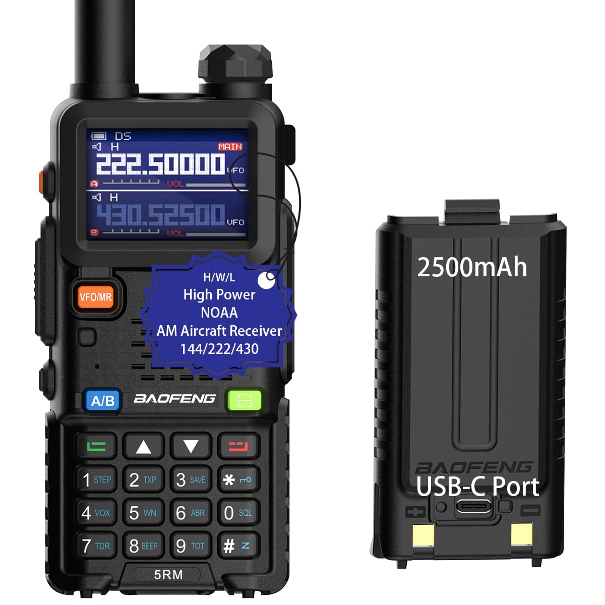 BAOFENG 5RM Ham Radio 10W Handheld (Upgraded of UV-5R) Walkie Talkies Long Range NOAA Weather Receiver Two Way Radio UV5R for Adults Camping Hunting Hiking, Frequency Copy, USB C Charger, 999CH