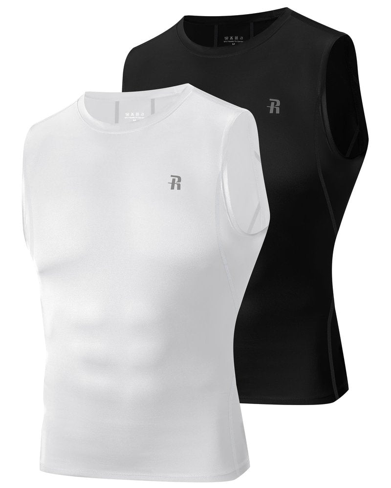 Runhit 2 Pack Mens Compression Tank Top Sleeveless Workout Muscle Shirts Flexible Sports Base Layer Undershirt Gym Black White M