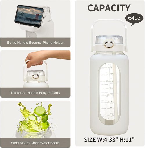 Chunmo 64oz Glass Water Bottle - Motivational Half Gallon Jug with Straw & Silicone Sleeve | Ideal for Gym Workouts