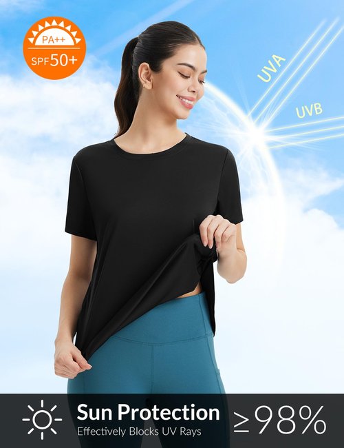 baleaf Women's Short Sleeve Workout Tops Athletic Running Shirts Quick Dry T-Shirts Loose Fit Gym Yoga Tee UPF 50+ Black L