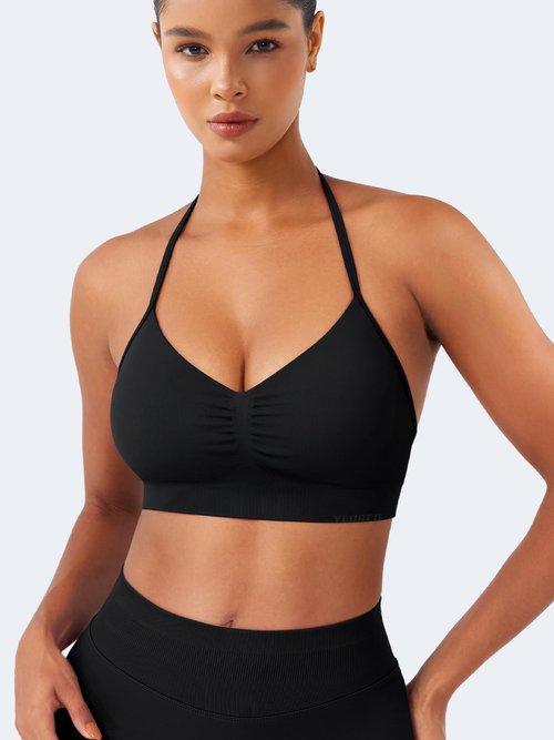 YEOREO SoftHue Women Halter Sports Bra Impact Longline Strappy Bra V Neck Padded Open Back Workout Gym Crop Top Black M