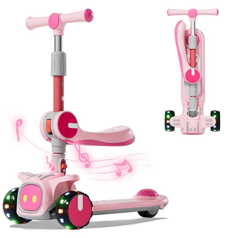 3 Wheel Scooter for Kids - Foldable & Unbreakable, 2-in-1 Kick Scooter with Music and Lights, Adjustable Height, Wide Deck, Flashing Wheel Lights, Easy for Beginner Toddlers Aged 3-8