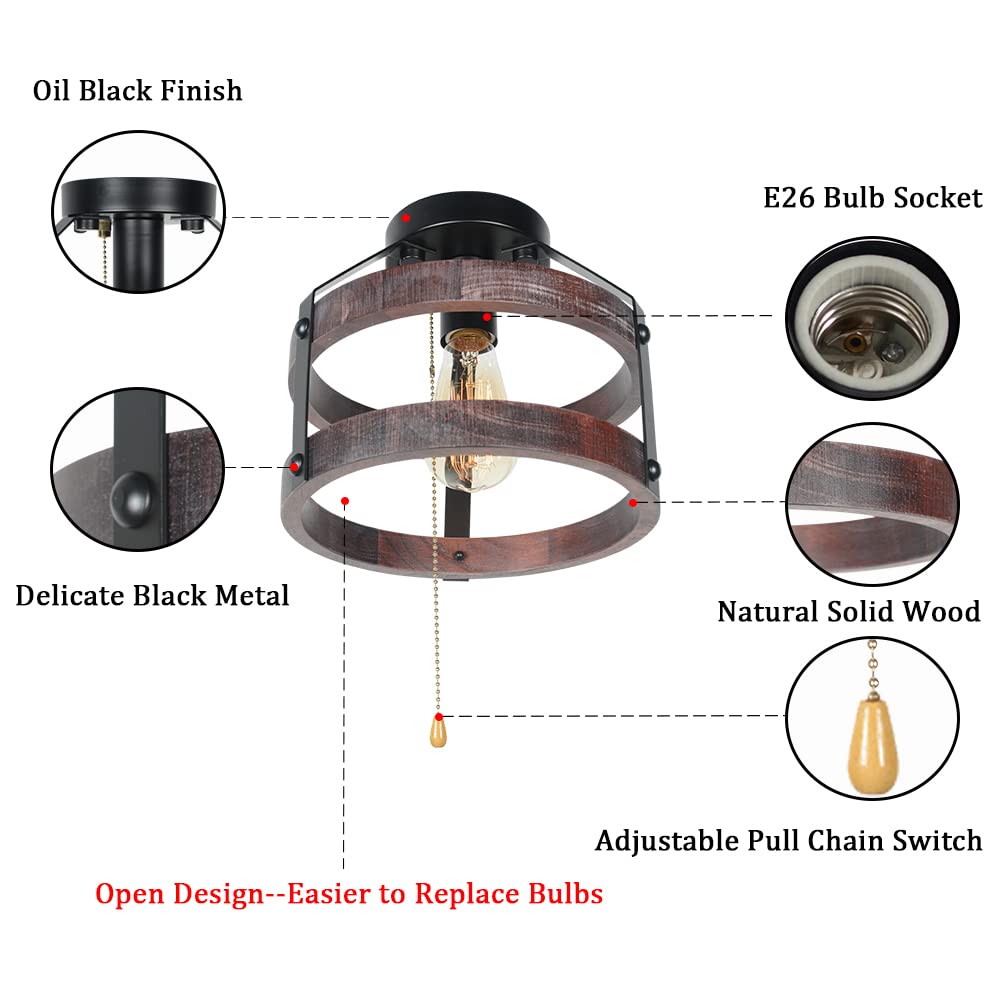 Farmhouse Flush Mount Ceiling Light with Pull Chain, 1-Light Small Wood Rustic Close to Ceiling Light Fixture Pull String Country Home Lighting Edison E26 8060PC