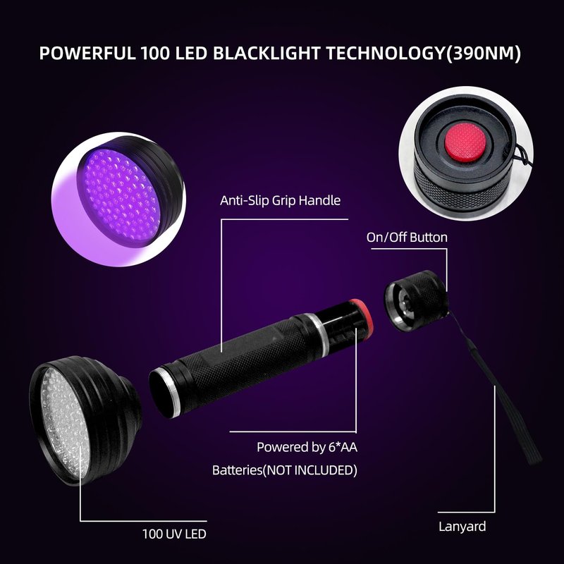 Collgene UV Flashlight Black Light, 100 LED (390 nm) Portable Blacklight Pet Urine Detector for Dog/Cat Urine, Dry Stains, Bed Bug, Battery Not Included