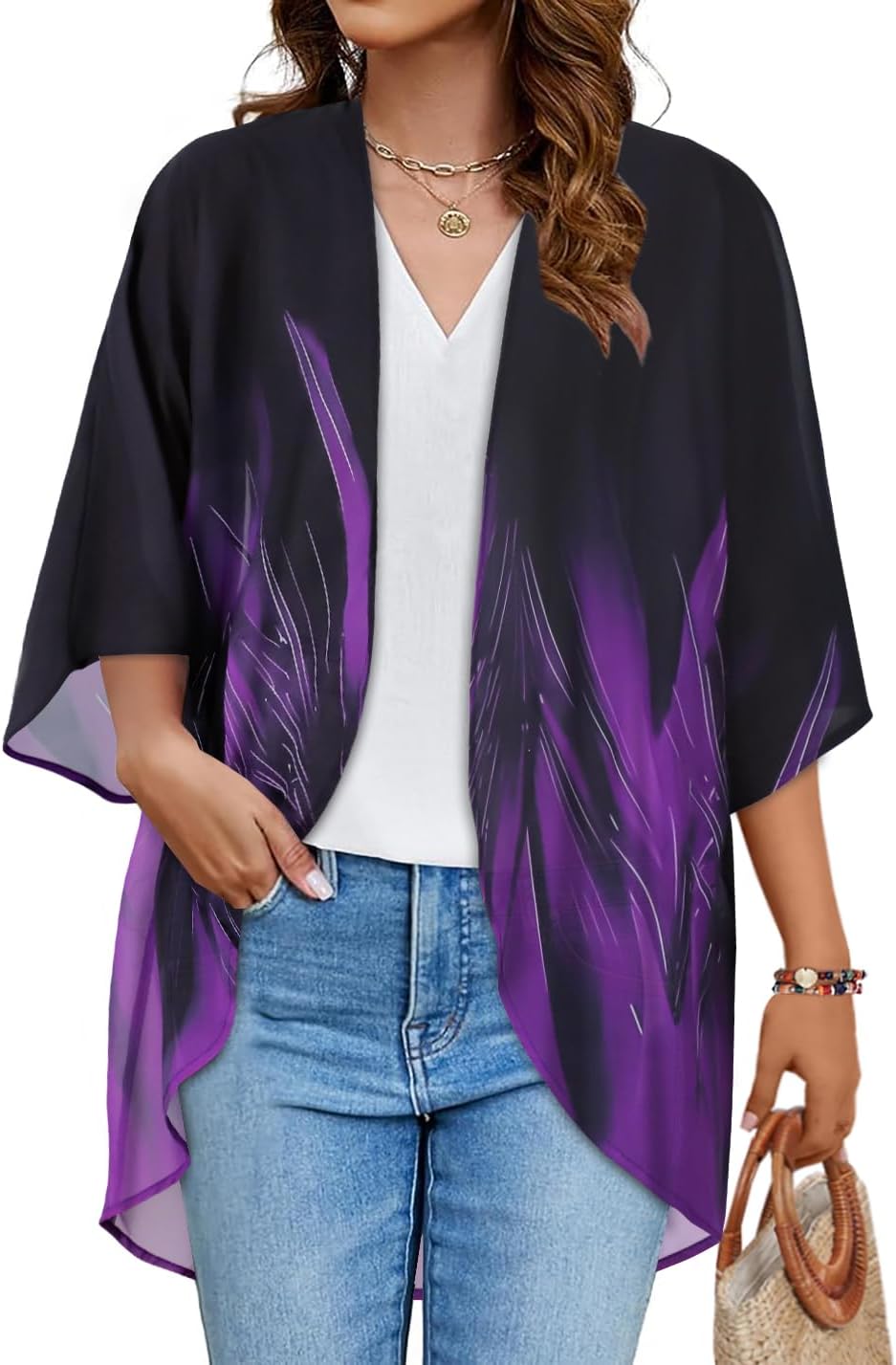 Skiennix Women's Floral Print Kimono Cardigan - Stylish Puff Sleeve Cover-Up | Casual Blouse Tops