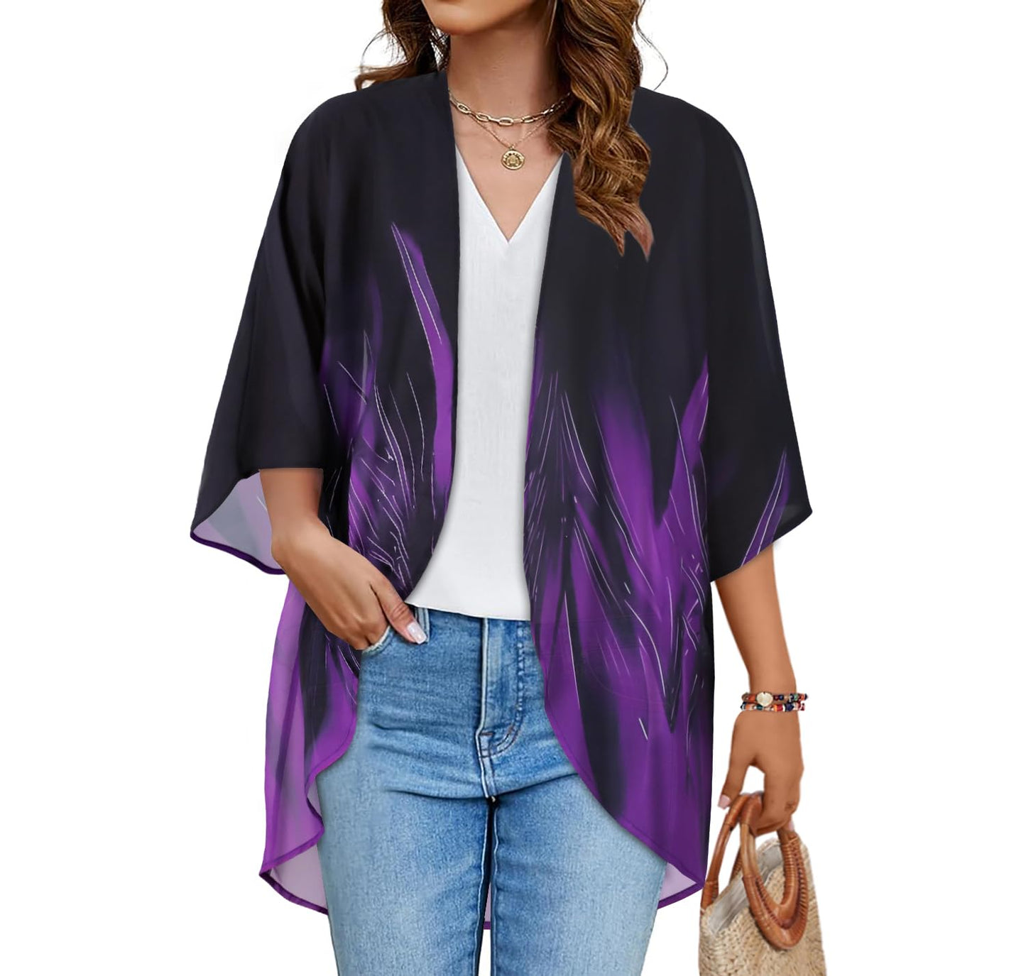 Women's Floral Kimono Print Puff Sleeve Loose Cardigan Cover Up Casual Blouse Tops (Turbo Purple Black, 3XL)