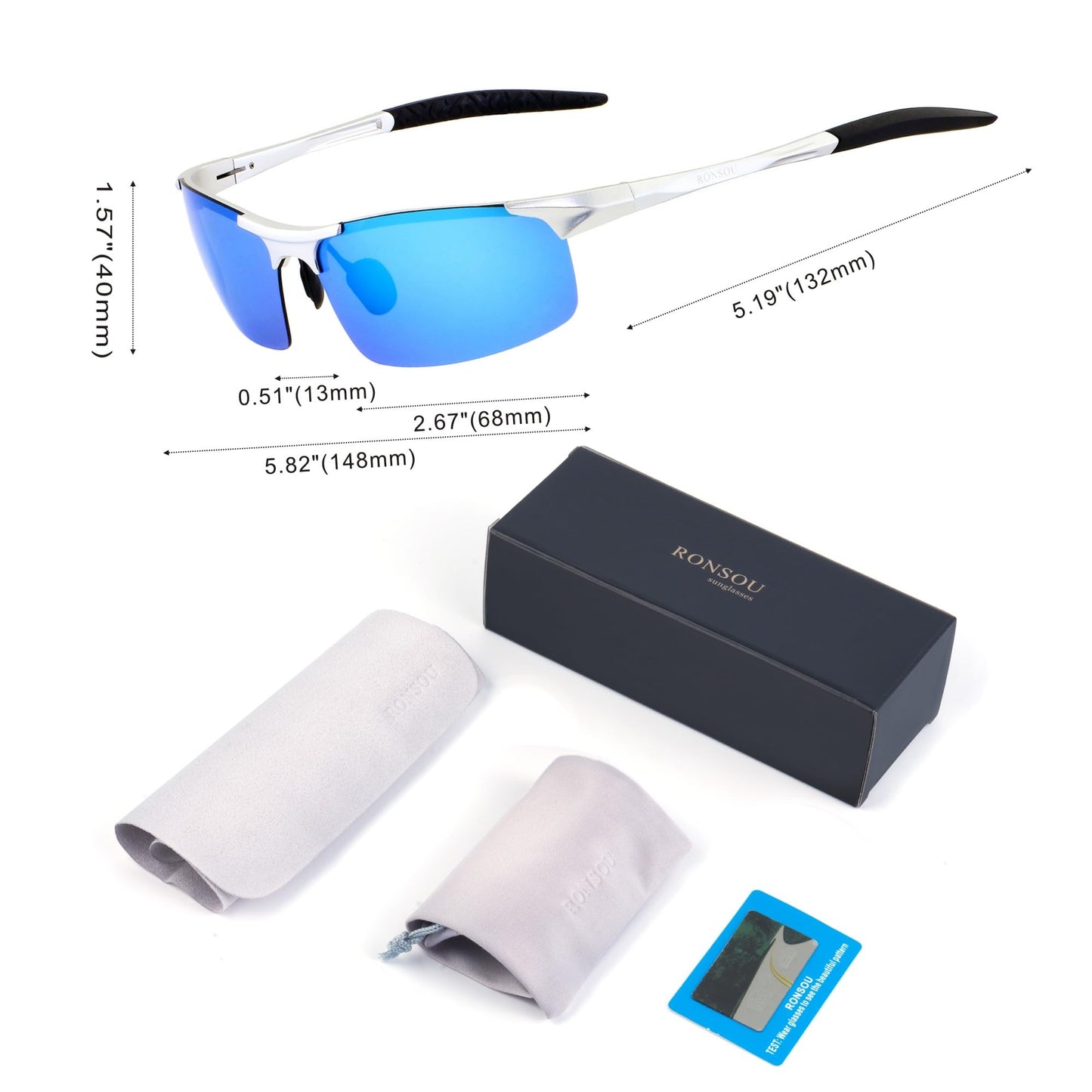 RONSOU Men Sport Al-Mg Polarized Sunglasses Unbreakable for Driving Cycling Fishing Golf silver frame/blue lens