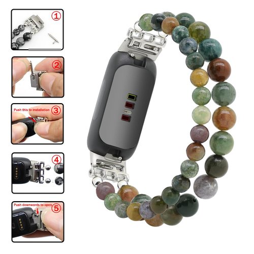 C&L Accessories Bracelets Compatible with Fitbit Inspire 3 Bands for Women, Beaded Wristband Adjustable Gemstone Replacement Straps for Fitbit Inspire 3 (Indian Agate)