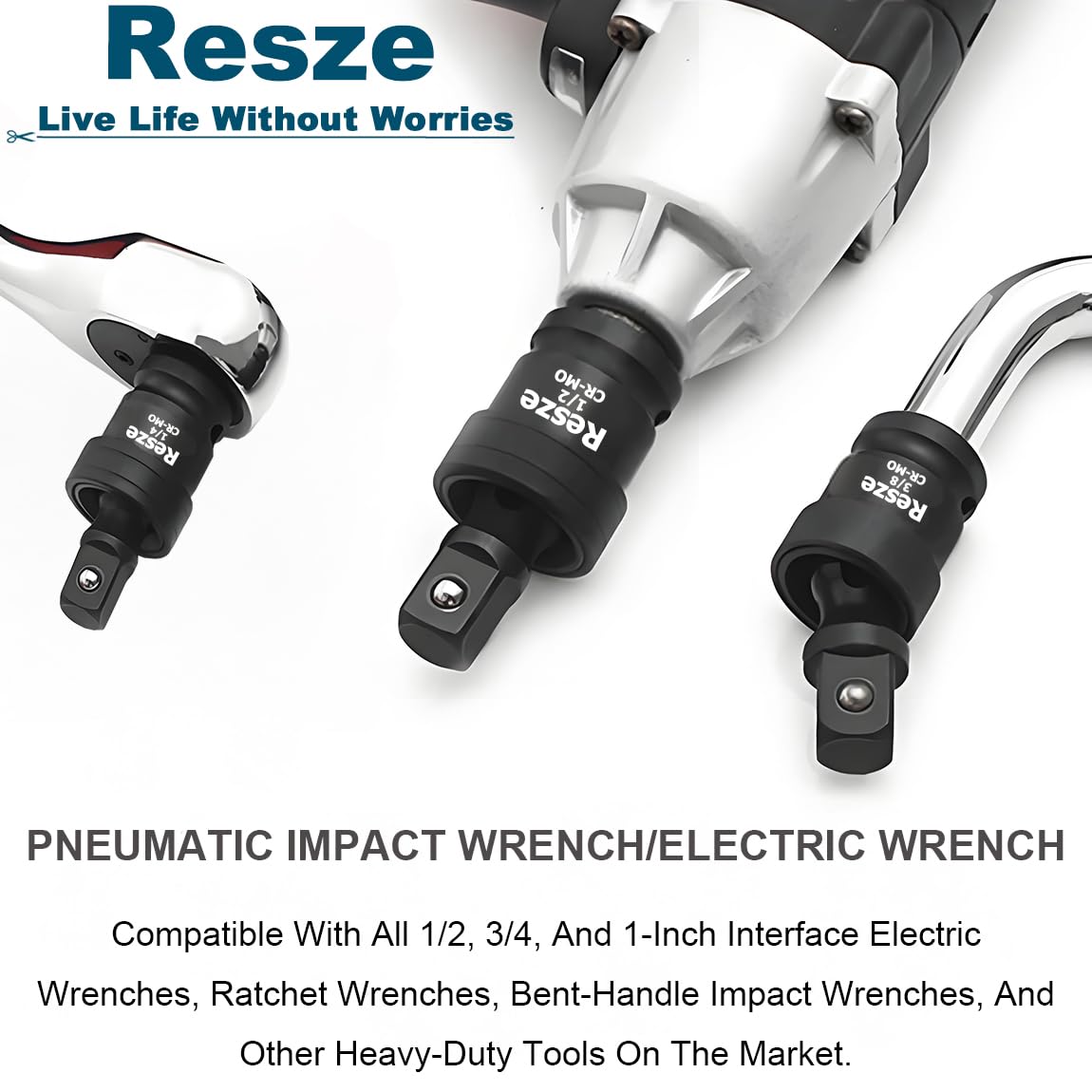 Resze 3PCS Universal Joint Swivel Socket Adapter Set (1/4", 3/8", 1/2"), 360° Rotating, Chrome-Plated Steel, Universal Fit, Anti-Slip Design - Heavy-Duty Automotive & DIY Mechanics Tool Kit