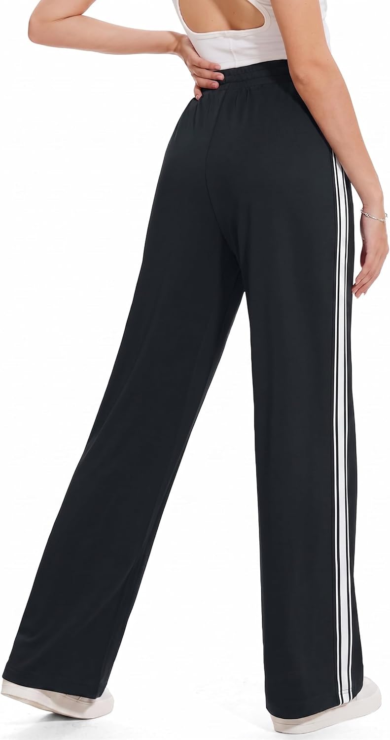 BISUAL Women's Wide Leg Track Pants - High Waisted Cotton Stretch Sweatpants with Contrast Stripes