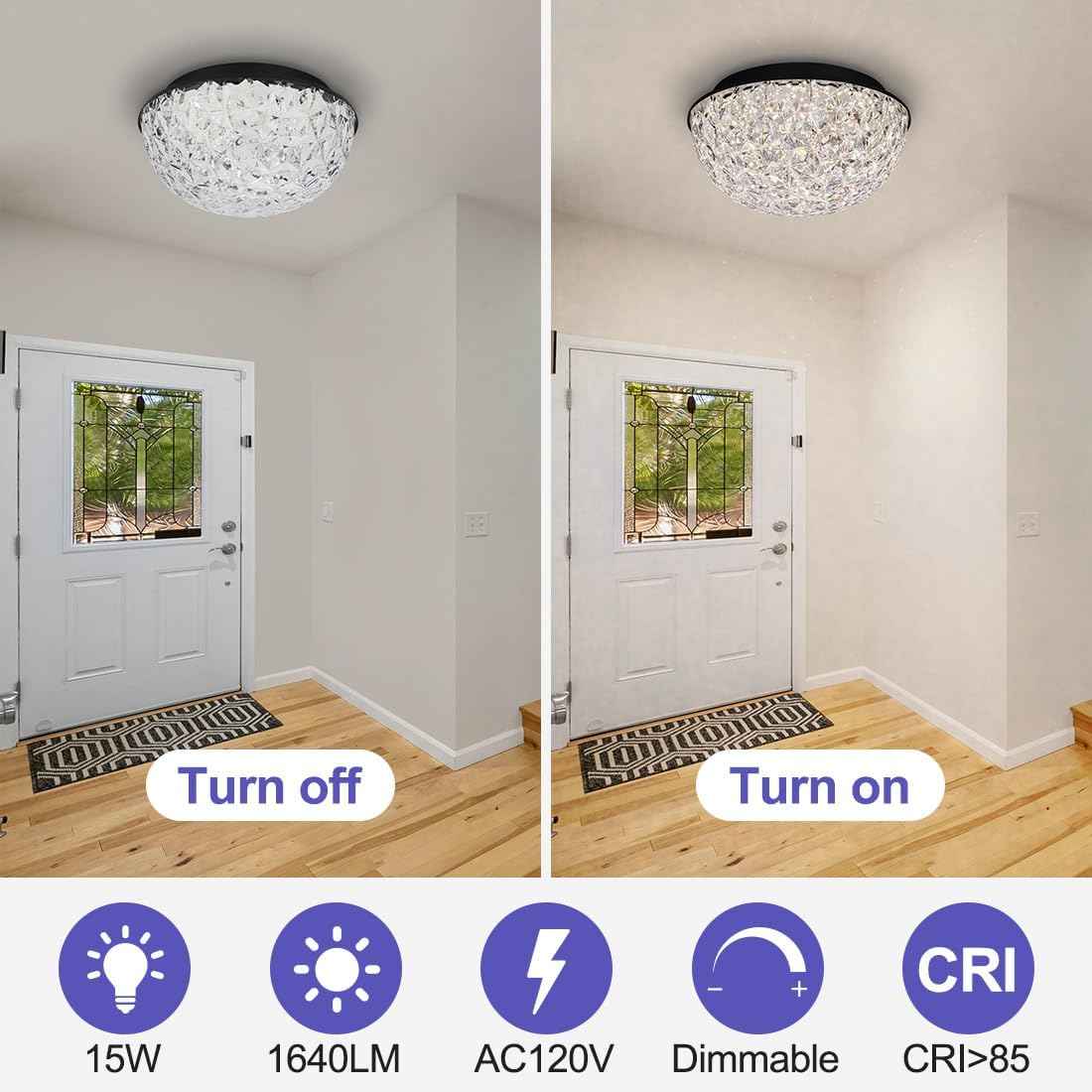 12" Dimmable Modern Crystal Chandelier - LED Flush Mount Ceiling Light for Dining Room, Entryway, Kitchen & More - ETL Listed Black