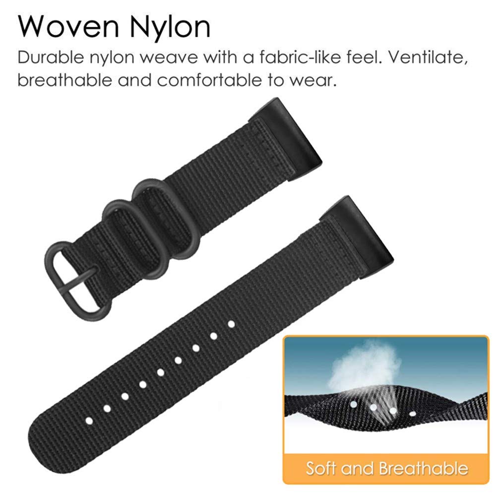 YOOSIDE Nylon Band for Fitbit Charge 3/Charge 4, NOTA Woven Nylon Band with Metal Stainless Steel Ring Wristband Strap for Fitbit Charge 4/4 SE(Black)