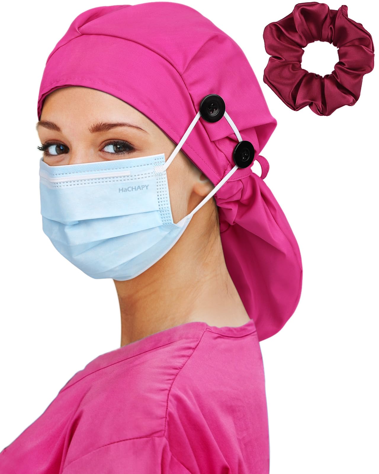 Womens Scrub Caps Satin Lined Nurse Cap for Long Hair Ponytail Women Large Pink