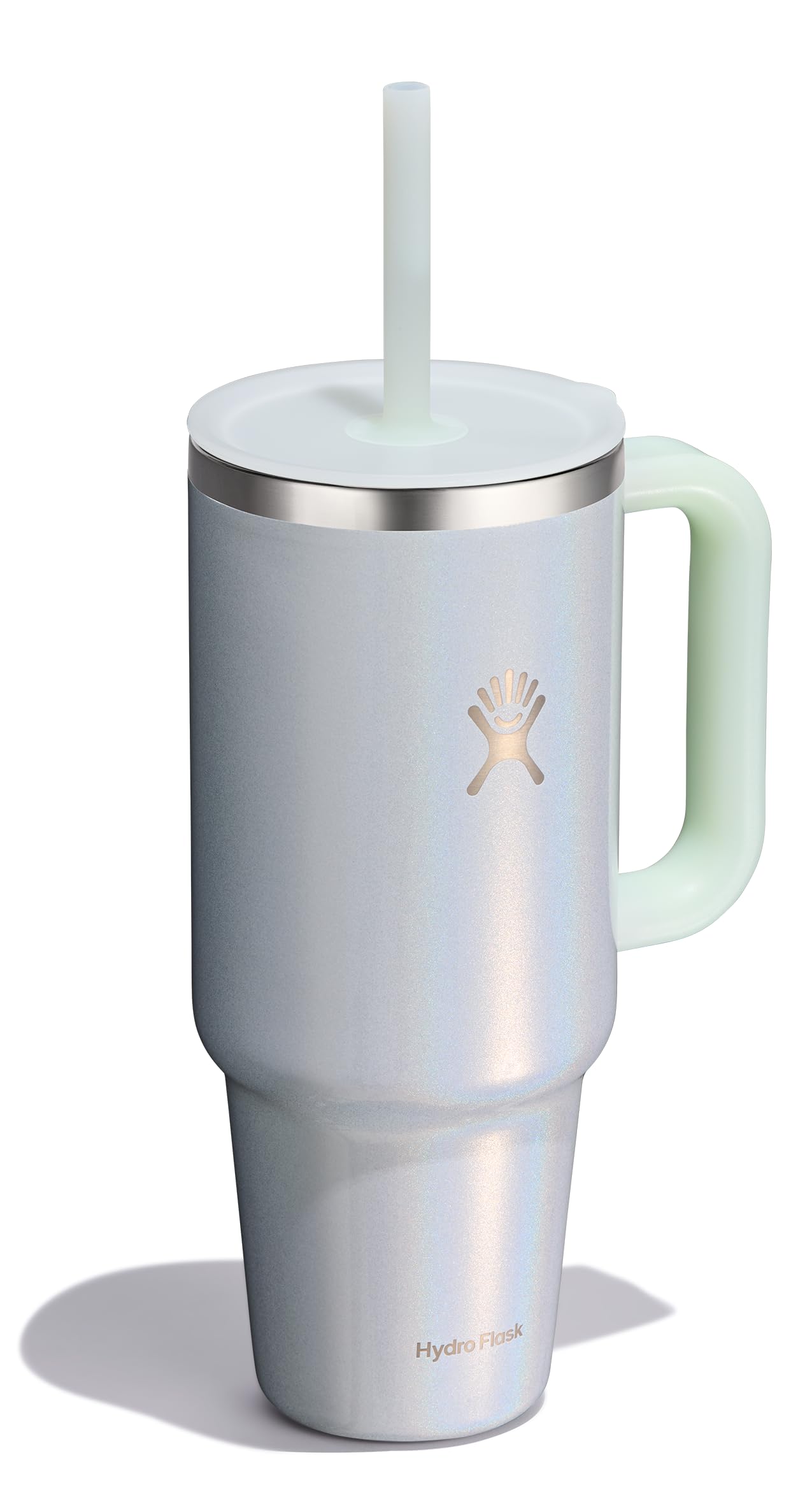 Hydro Flask Travel Tumbler with Handle, Lid and Straw - Insulated Stainless Steel in 40 Oz Glimmer Blue