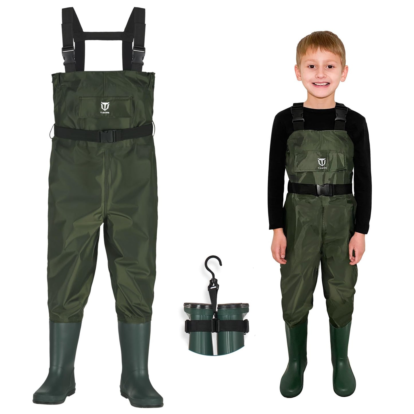 TIDEWE Chest Waders for Kids, Waterproof Youth Waders with Boot Hanger, Lightweight PVC Kids Chest Waders with Boot for Fishing & Hunting (Size 6/7 Little Kid)