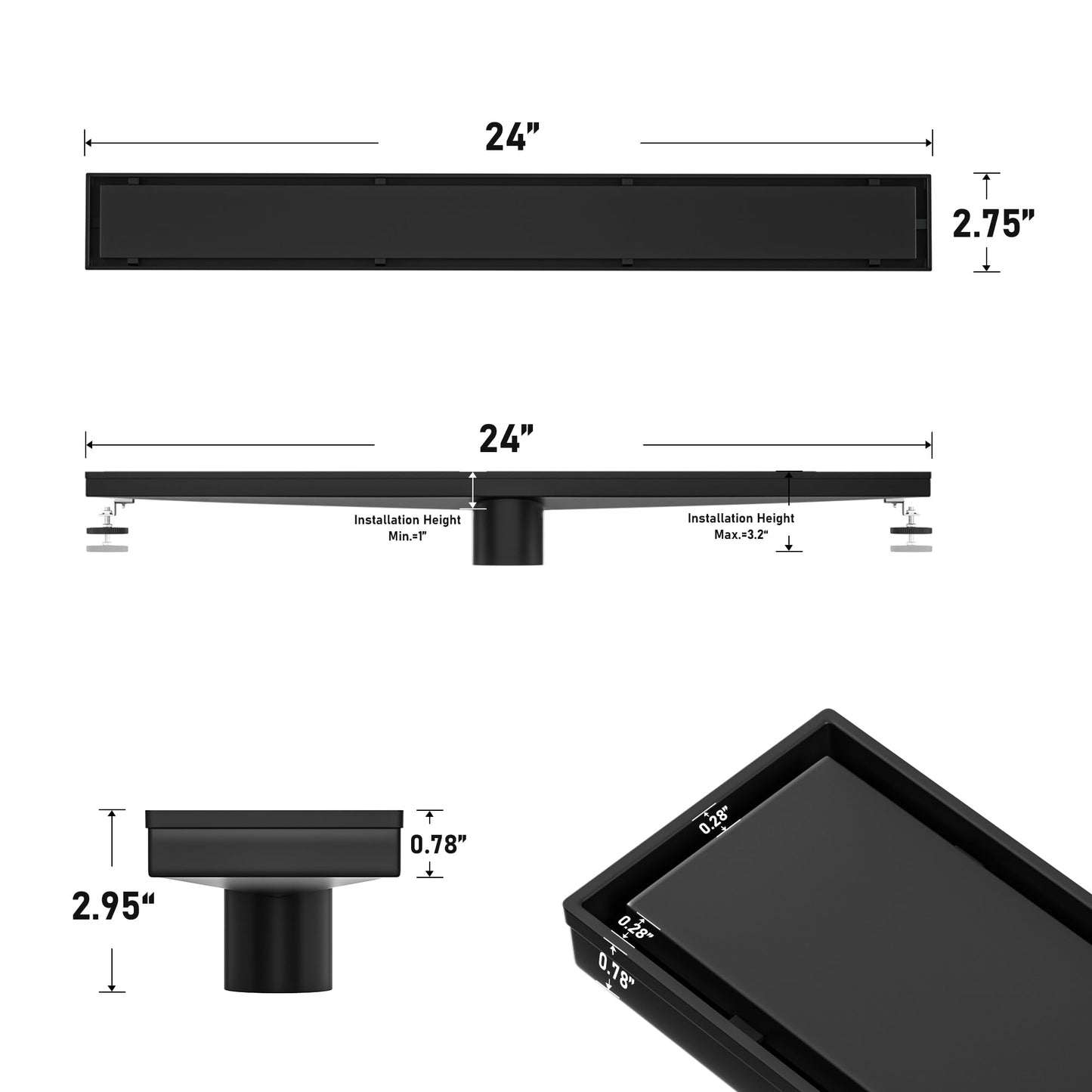 Bochni Linear Shower Drain 24" Matte Black 304 Stainless Steel | Fast Drainage | Tile Inserted | Stainless Floor Drain Grate | Hair Strainer | Drain Key | The Upgrade for Your Bathroom