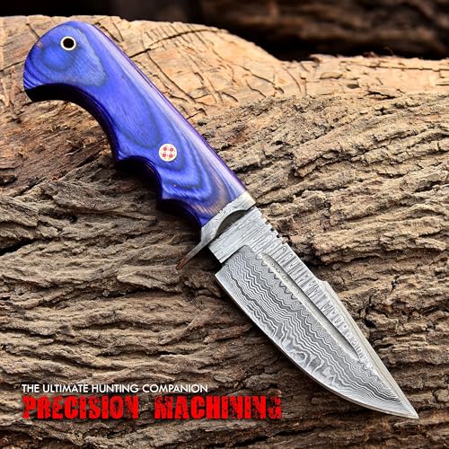 Damascus Hunting Bowie Knife with Leather Sheath - Outdoor Fixed Blade Knife for Camping & Skinning