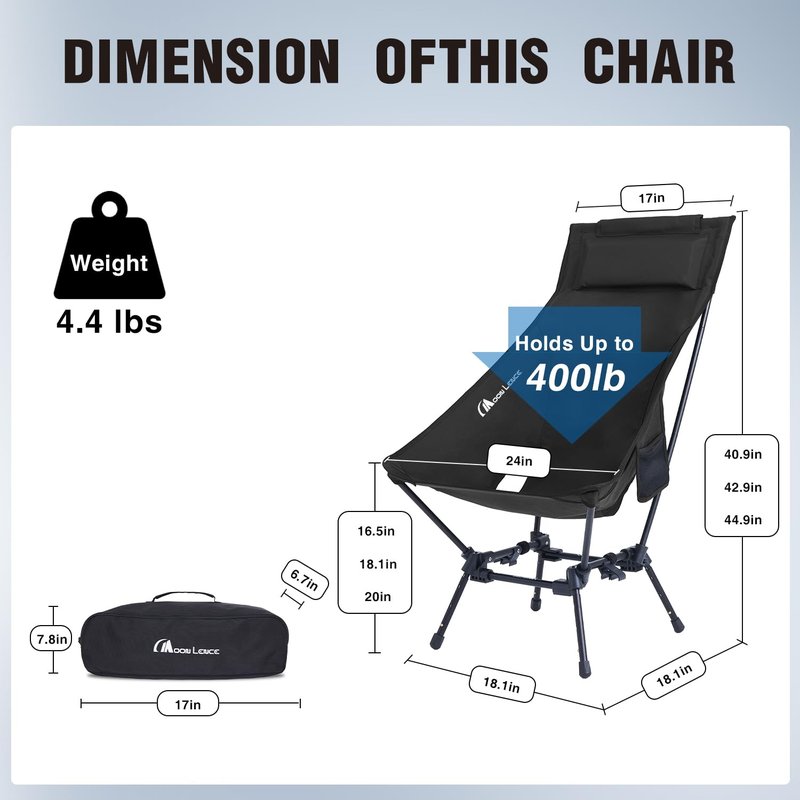 MOON LENCE Folding Portable High Back Camping Chairs for Adults, Adjustable Oversize Lightweight for Beach Hunting Hiking Backpacking (Black with Anti-Sinking Feet)