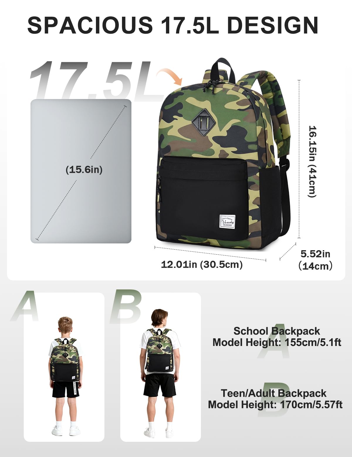 VASCHY Lightweight Backpack for Men, Water Resistant Classic Daypack for Travel, Work, College with Side Bottle Pockets Camo Black