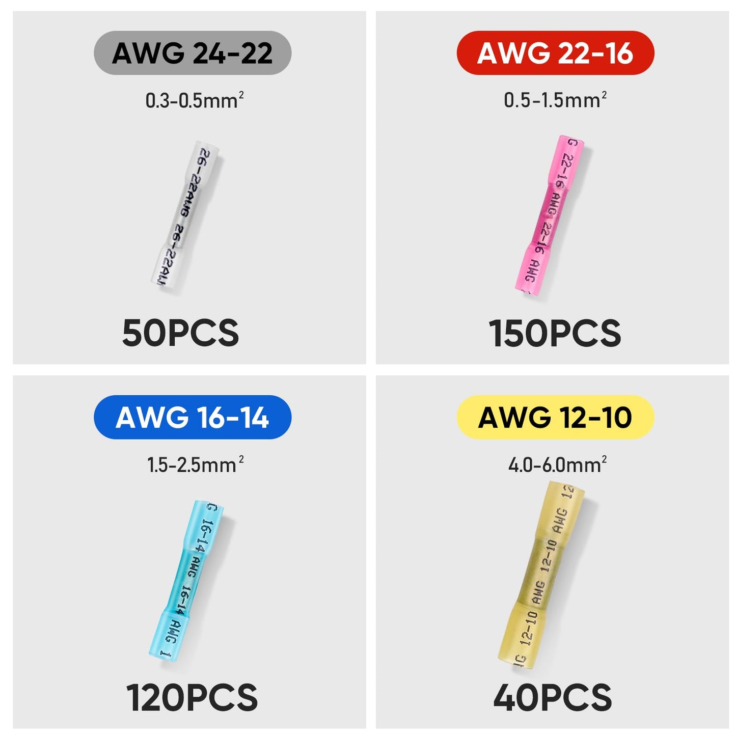 TICONN 360pcs Heat Shrink Butt Connectors Kit, AWG 24 – 10 4 Sizes Butt Splice, Insulated Waterproof Electrical Marine Automotive Wire Crimp Terminals (360pcs)