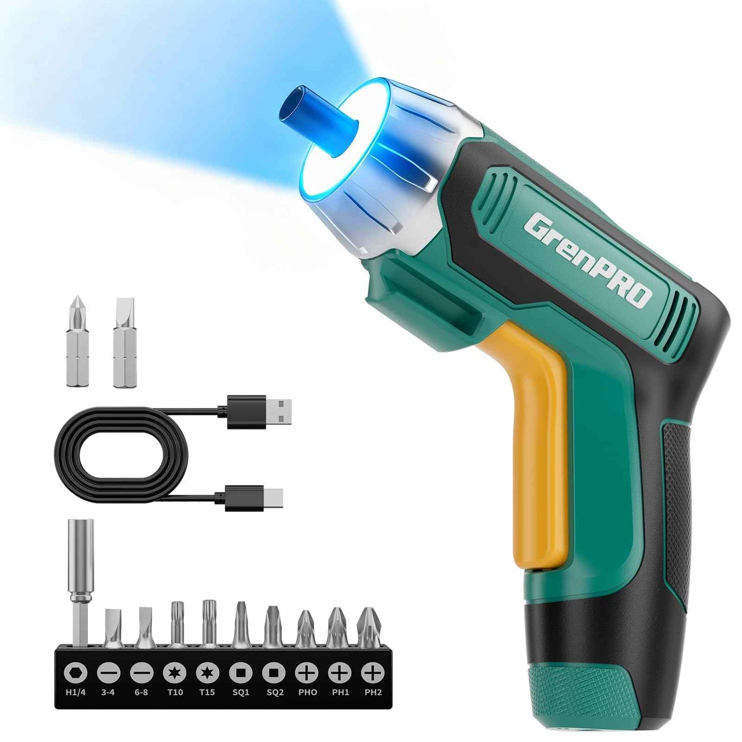 GRENPRO 4V Electric Screwdriver Rechargeable, Cordless Screwdriver 9pcs Bit with 1pc Bit Holder, USB Small Power Screwdriver Set with Bits, Green