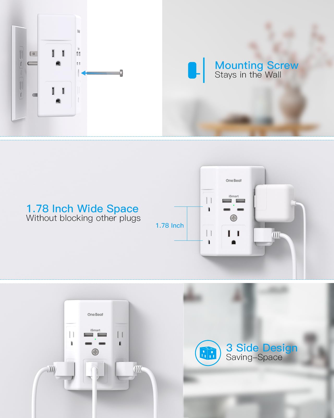 Multi Plug Outlet, Surge Protector, 5 Outlet Extender with 4 USB Ports (2 USB-C), PD 20W Wall Charger, 3-Sided 1800J Power Strip Outlets Splitter Wall Plug Adapter Spaced for Home Office, White