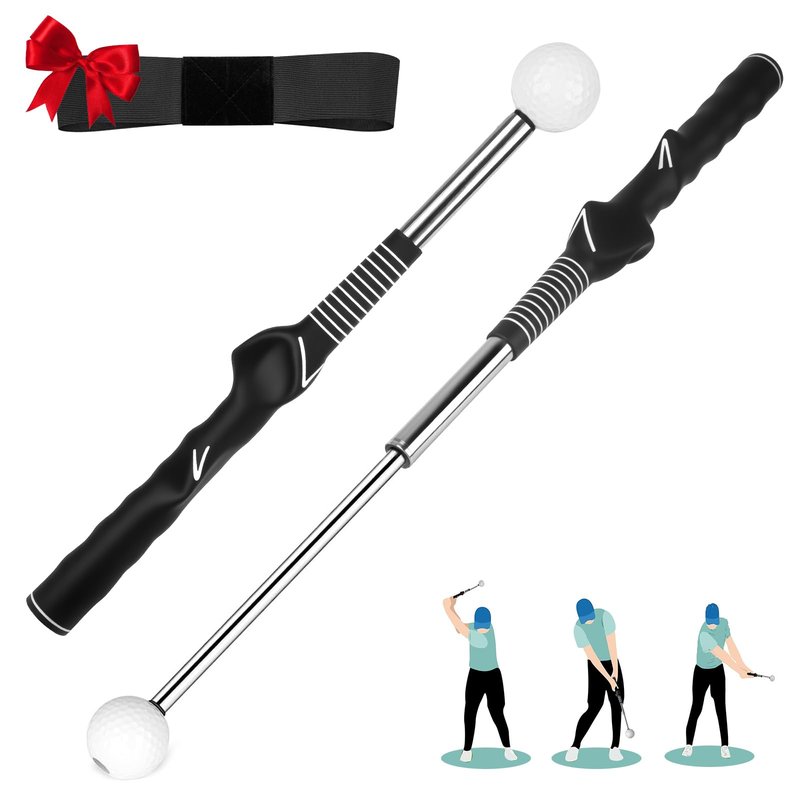 5-in-1 Retractable Golf Swing Training Aid, Indoor & Outdoor Practice Golf Swing Trainer with Arm Band Right/Left-Handed Swing Mechanics for Beginners & Tempo Training for Advanced, Click Feedback