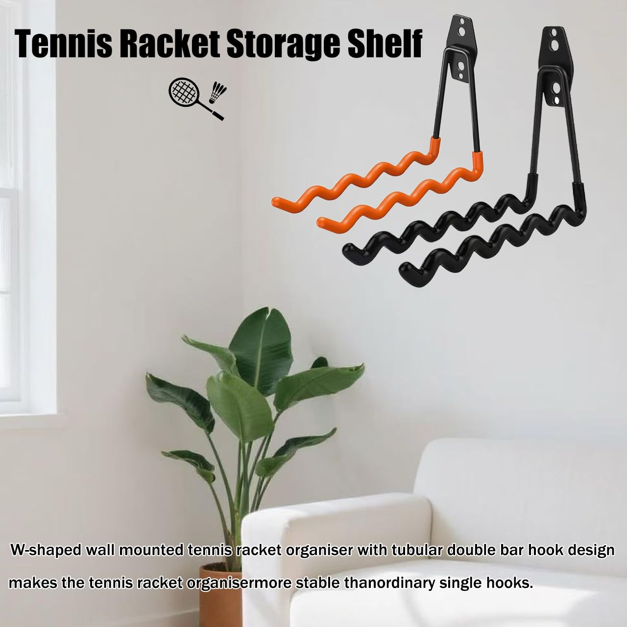 2 Pack Tennis Racket Holder, Wall Mounted Tennis Racket Storage Rack, Badminton Racket Stand for Badminton Rackets Tennis Rackets Table Tennis Rackets with Hardware and Anti-Scratch Silicone Tube