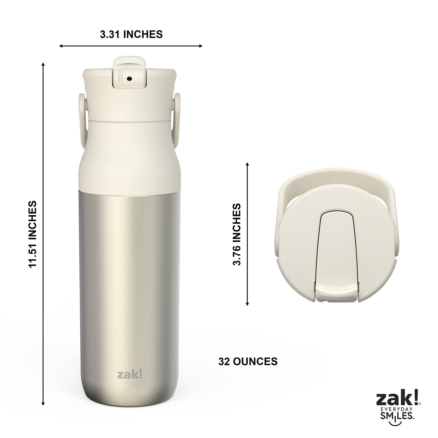 Zak Designs Harmony Water Bottle for Travel or At Home, 32oz Recycled Stainless Steel is Leak-Proof When Closed and Vacuum Insulated with Straw Lid and Carry Handle (Ivory White)