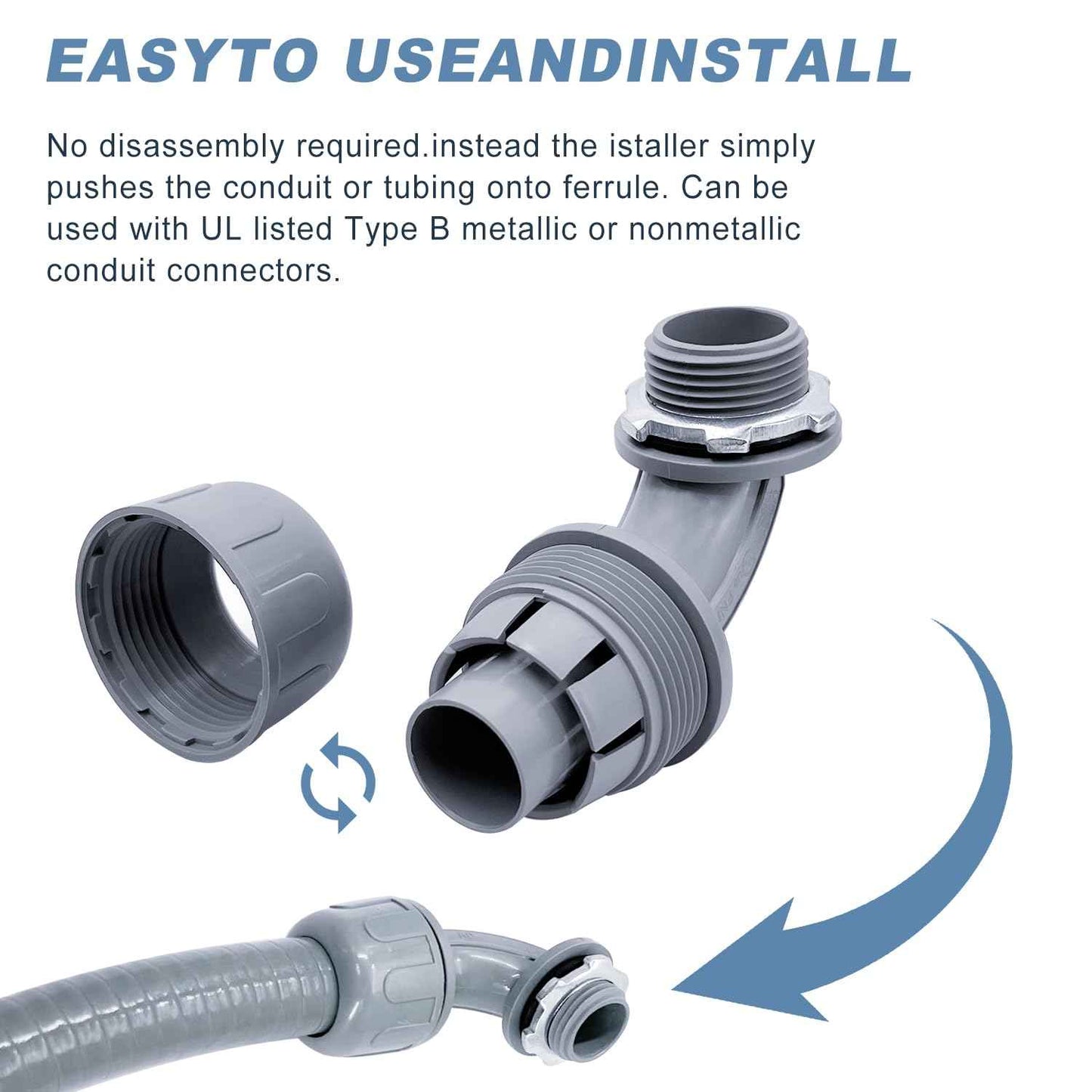 1/2 inch Liquid Tight Connector 90 Degree PVC nonmetallic Flexible Conduit Connector, UL Listed Liquid Tight Electrical Conduit Fittings (100 Pcs)