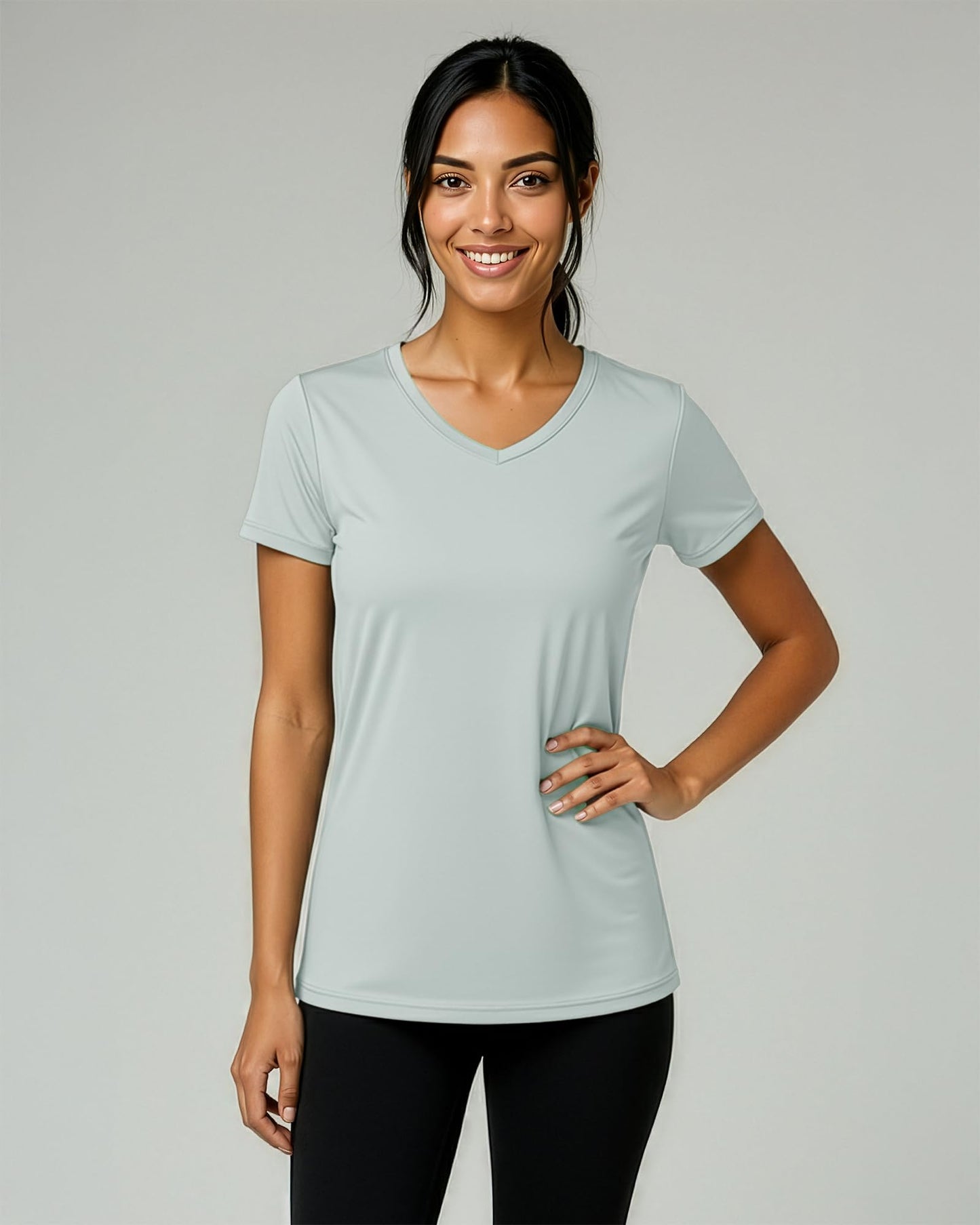 Real Essentials 5 Pack: Women's Dry-Fit Short Sleeve V Neck T Shirt Workout Fitness Yoga Top Tee, Set 9, XS