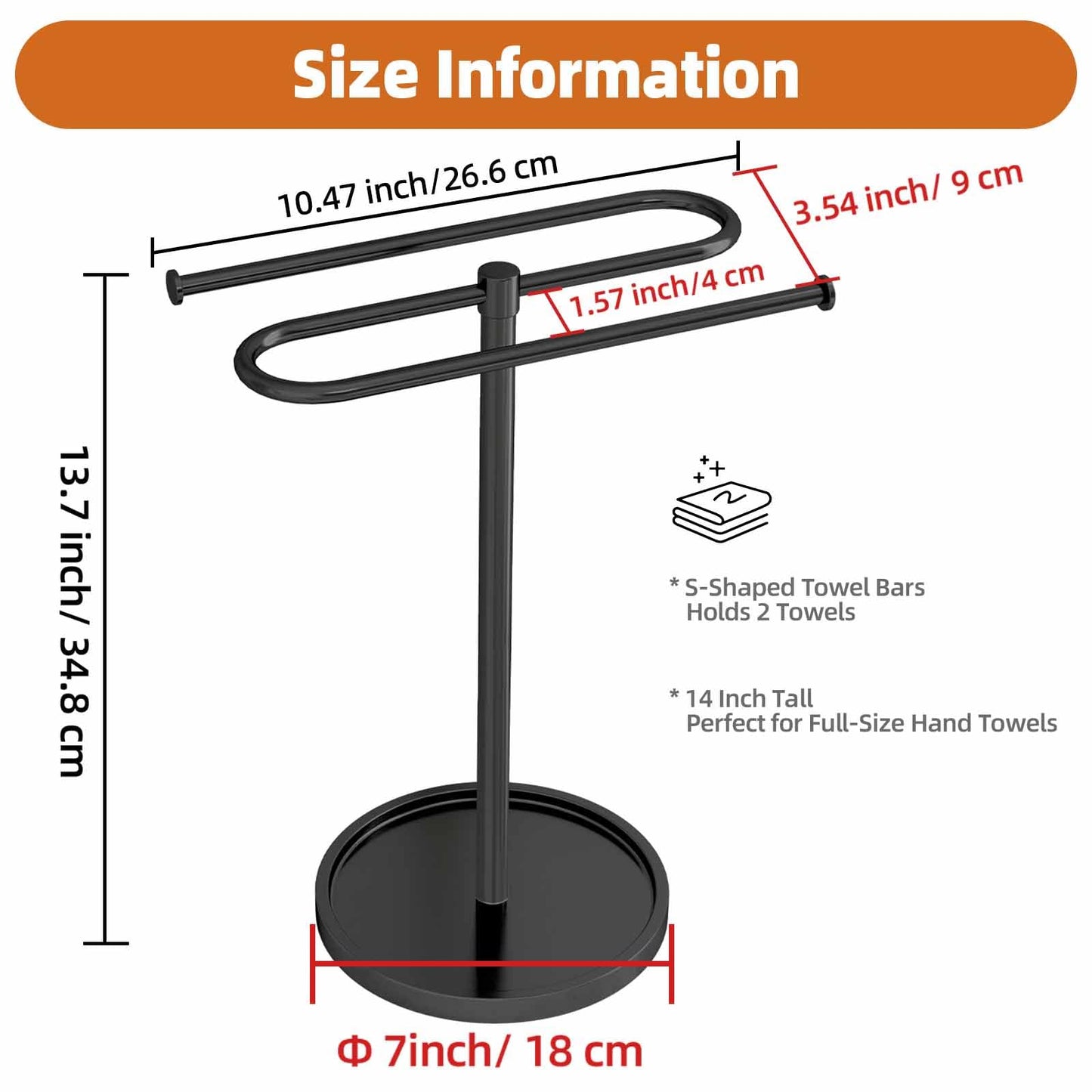 Towel Holder Stand, Stainless Steel Hand Towel Holder Rack for Bathroom Countertop, S-Shape Free Standing Towel Bar Holds 2 Towels for Kitchen Countertop, Black