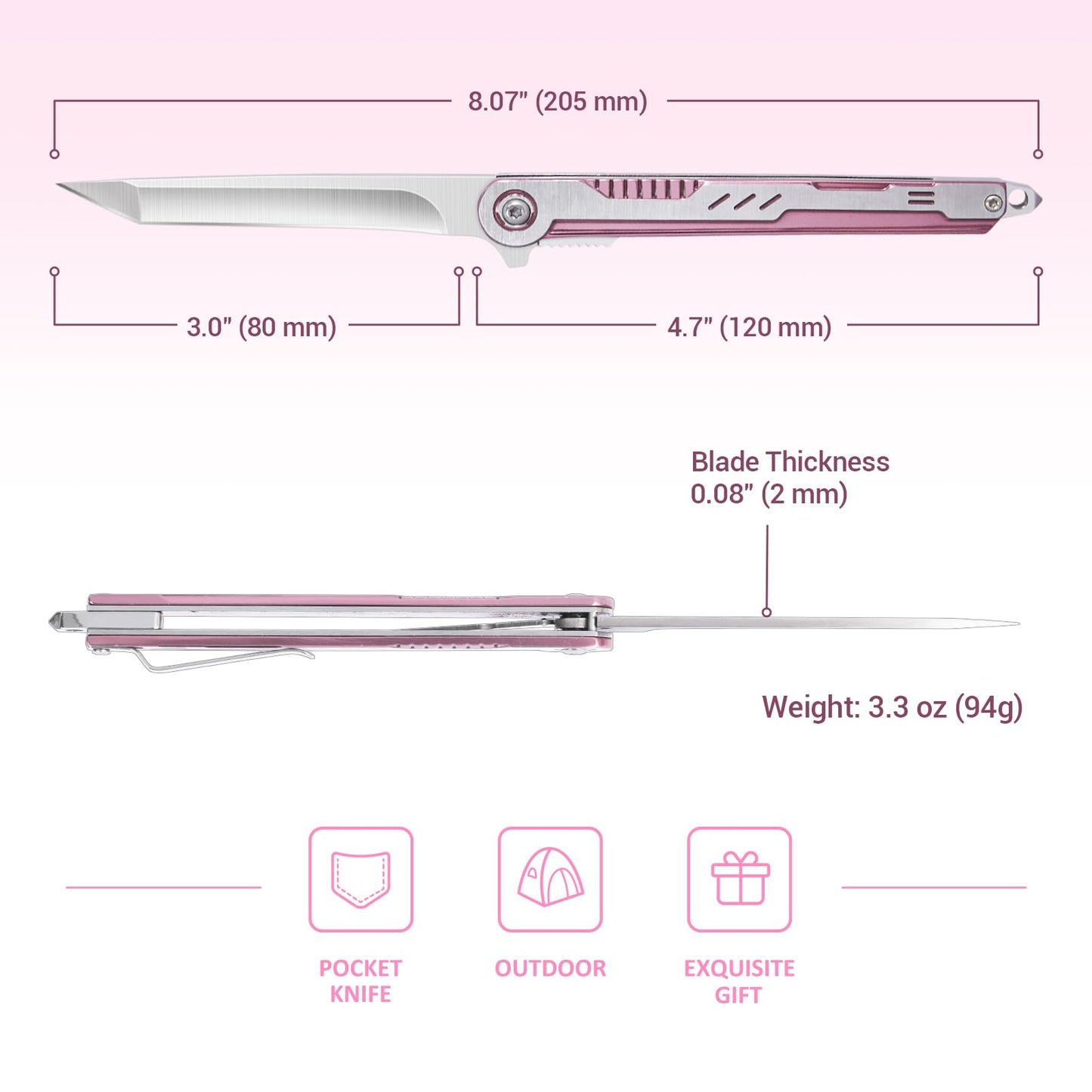 FUNBRO Pink Pocket Knife for Women - Slim EDC Knife with 7CR13Mov Steel Tanto Blade, Clip and Glass Breaker - Womens Knife for Self Defense - Cute Girl Survival Tool Pocket & Folding Knives