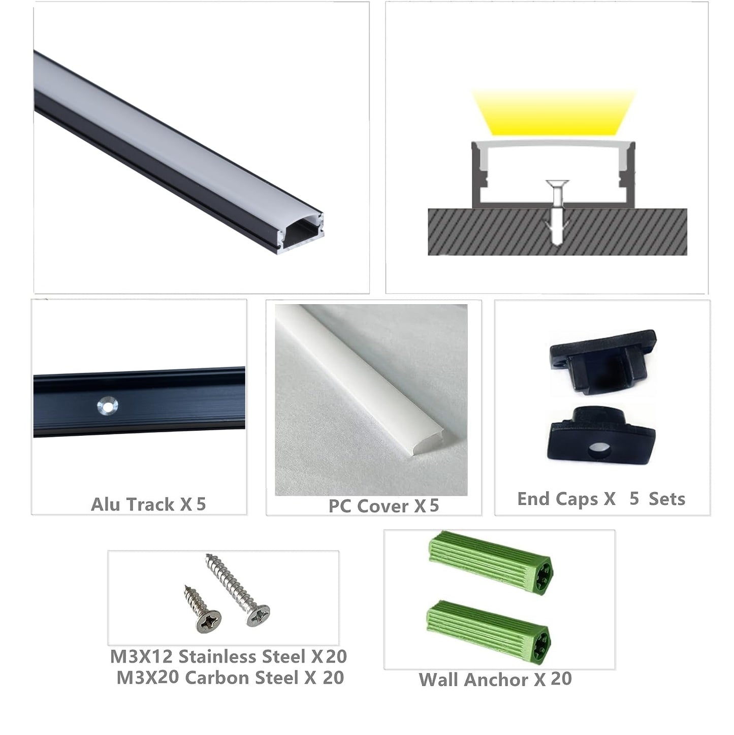 THMOOTHER 10-Pack 6.56FT Pre-Drilled Countersunk Hole LED Strip U Channel Diffuser, Matte Black Flush Mounted Under Cabinet Tape Light Aluminum Low Profile with Milky Cover (10, 6.56FT)