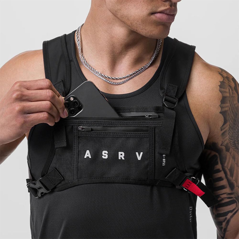 Sports Chest Bag for Men Water Resistant Lightweight Front Chest Pack Running Vest Chest Phone Holder (Black)
