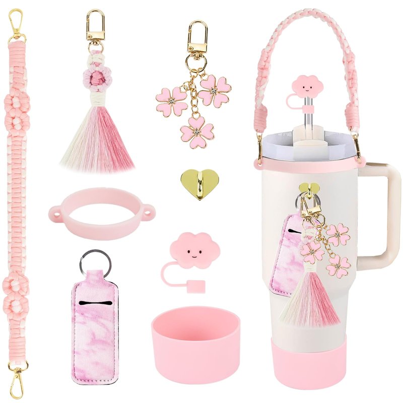 Stanley Cup Accessories 8pcs Set Including Water Bottle Handle Strap,Silicone Cup Boot, Straw Cover,Stanley Charms for 30oz/40oz Tumbler (Pink)