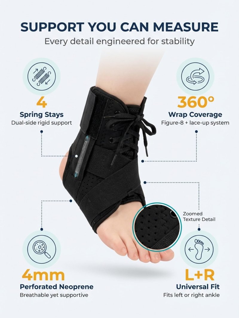 ZYNOCARE Strong Support Ankle Brace for Women and Men, Dual Spring-Stabilized Lace Up Ankle Support Brace, Figure-8 Wrap, Breathable 4mm Neoprene Ankle Stabilizer for Walking & Recovery, (M)
