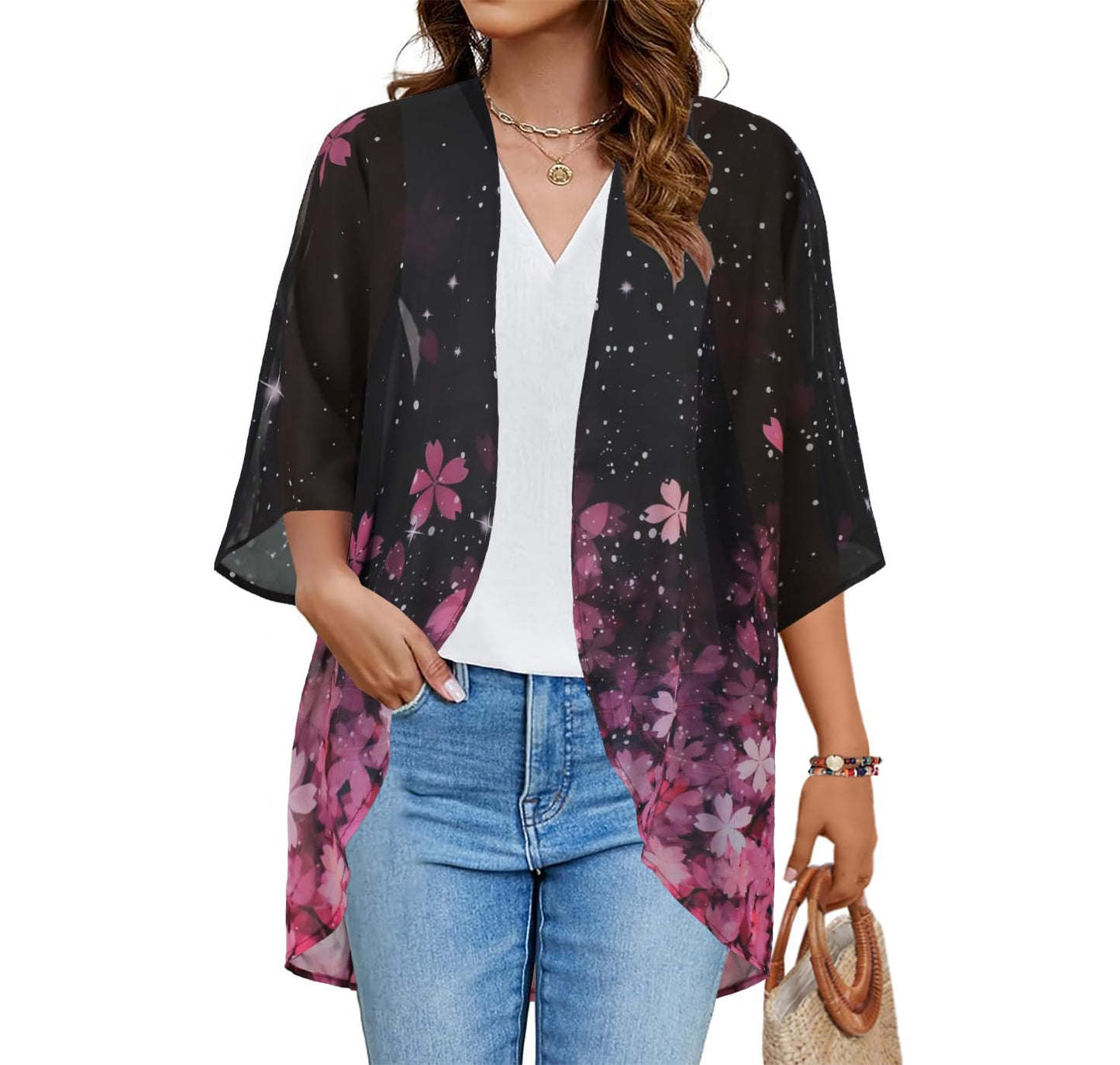 Women's Floral Print Puff Sleeve Kimono Cardigan Loose Cover Up Casual Blouse Tops(Black Pink Purple Floral,3XL)