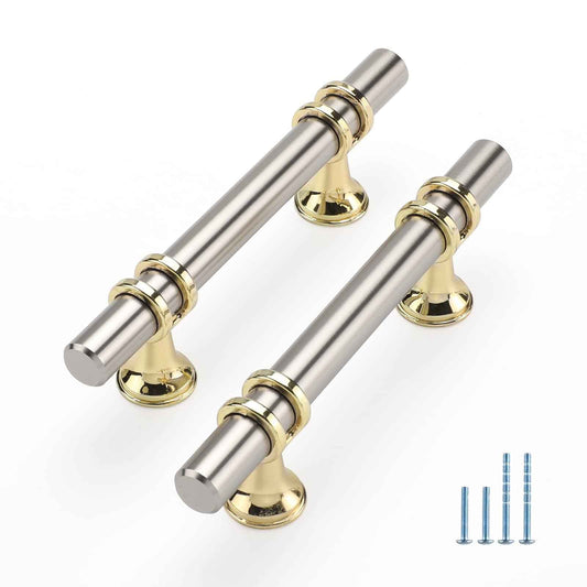 Rergy Cabinet Handles Drawer Pulls and Knobs, 5Pack Brushed Nickel and Gold 3inch Hole Center, Kitchen Hardware for Dresser Handle Zinc Alloy Furniture Pull