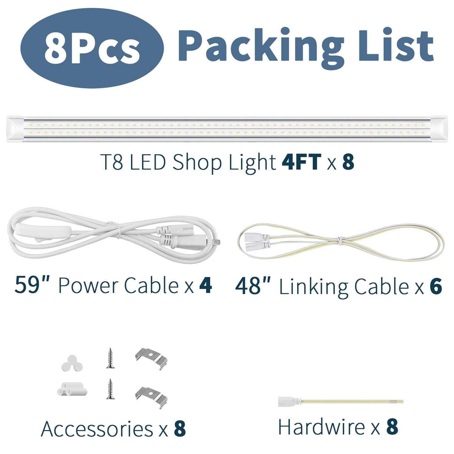 SUSLUM 8-Pack 4FT T8 LED Shop Light, 42W 6300 Lumen 5000K Daylight, Linkable with Plug Shop Lights for Garage Ceiling Workshop Commercial Lighting, 4 Years Warranty