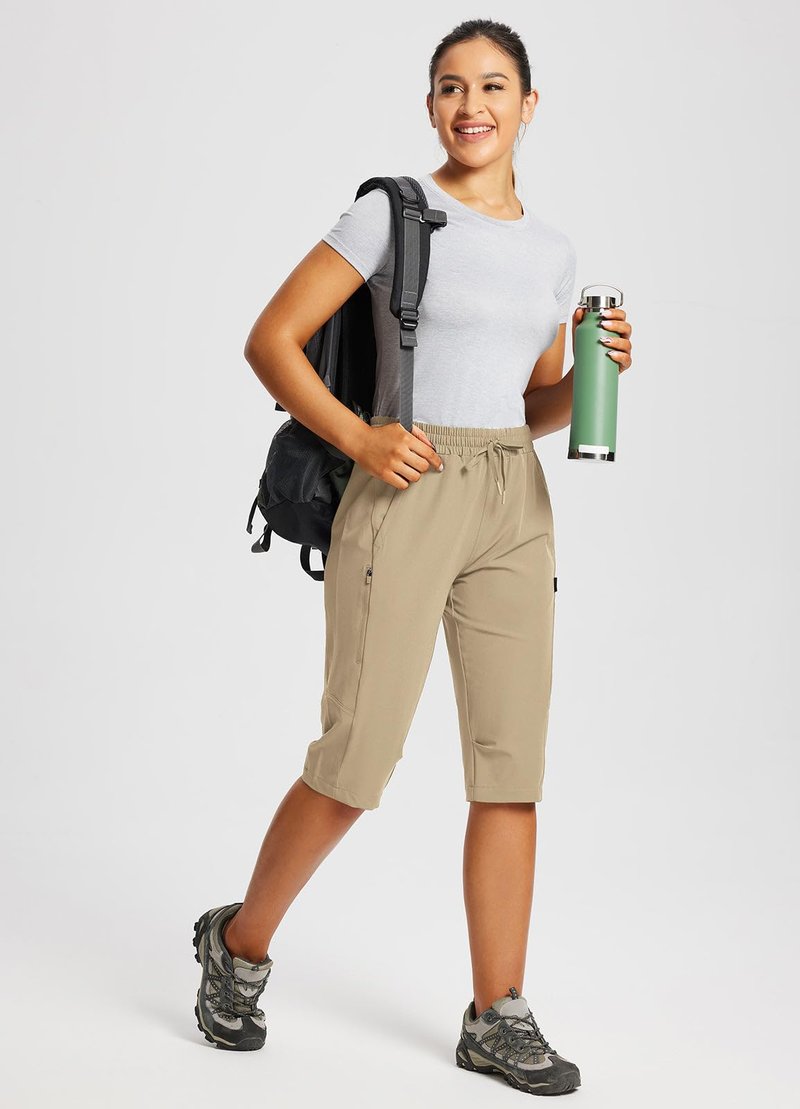 baleaf Women's 15" Hiking Shorts Long Bermuda Cargo Below The Knee Capris Lightweight Quick Dry Elastic Waist for Casual Brown L