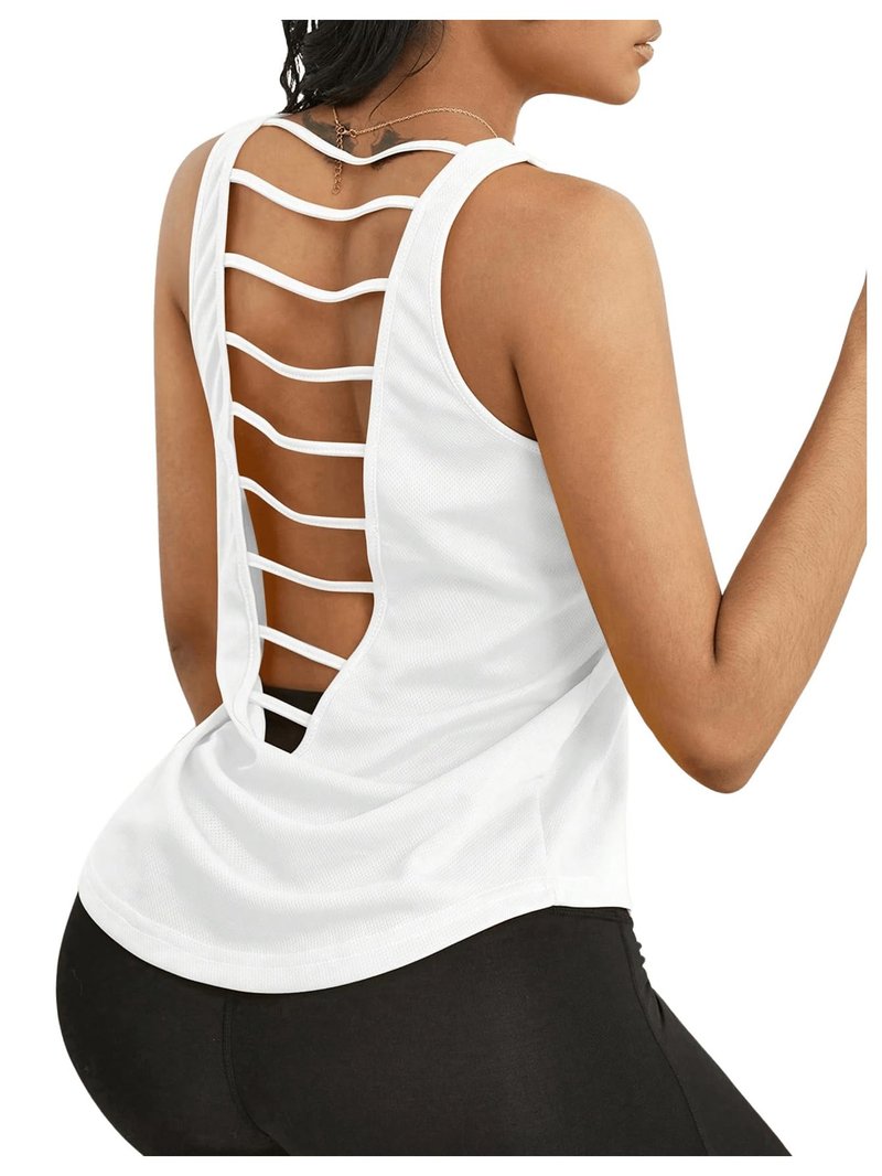 OYOANGLE Women's Workout Tank Top Cut Out Backless Running Sports Athletic Sleeveless Tops White Large