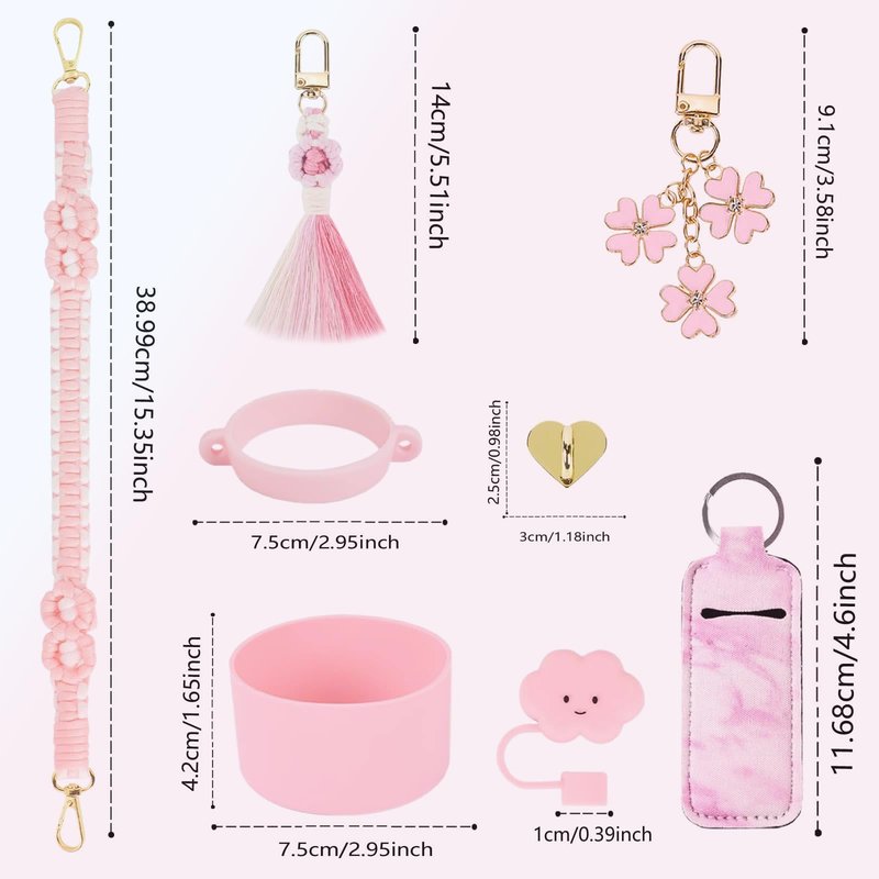 Stanley Cup Accessories 8pcs Set Including Water Bottle Handle Strap,Silicone Cup Boot, Straw Cover,Stanley Charms for 30oz/40oz Tumbler (Pink)