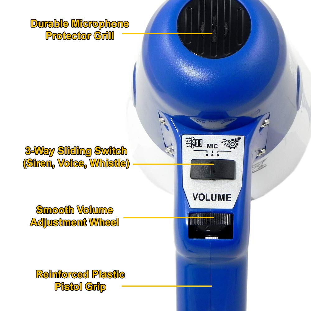 ThunderPower THUN150 Extra-Loud Megaphone Speaker – 600-Yard Range Bullhorn Megaphone with Siren & Voice Modes – 15W Loud Speaker Megaphones for Public Safety, Sports, Teachers, and Protests