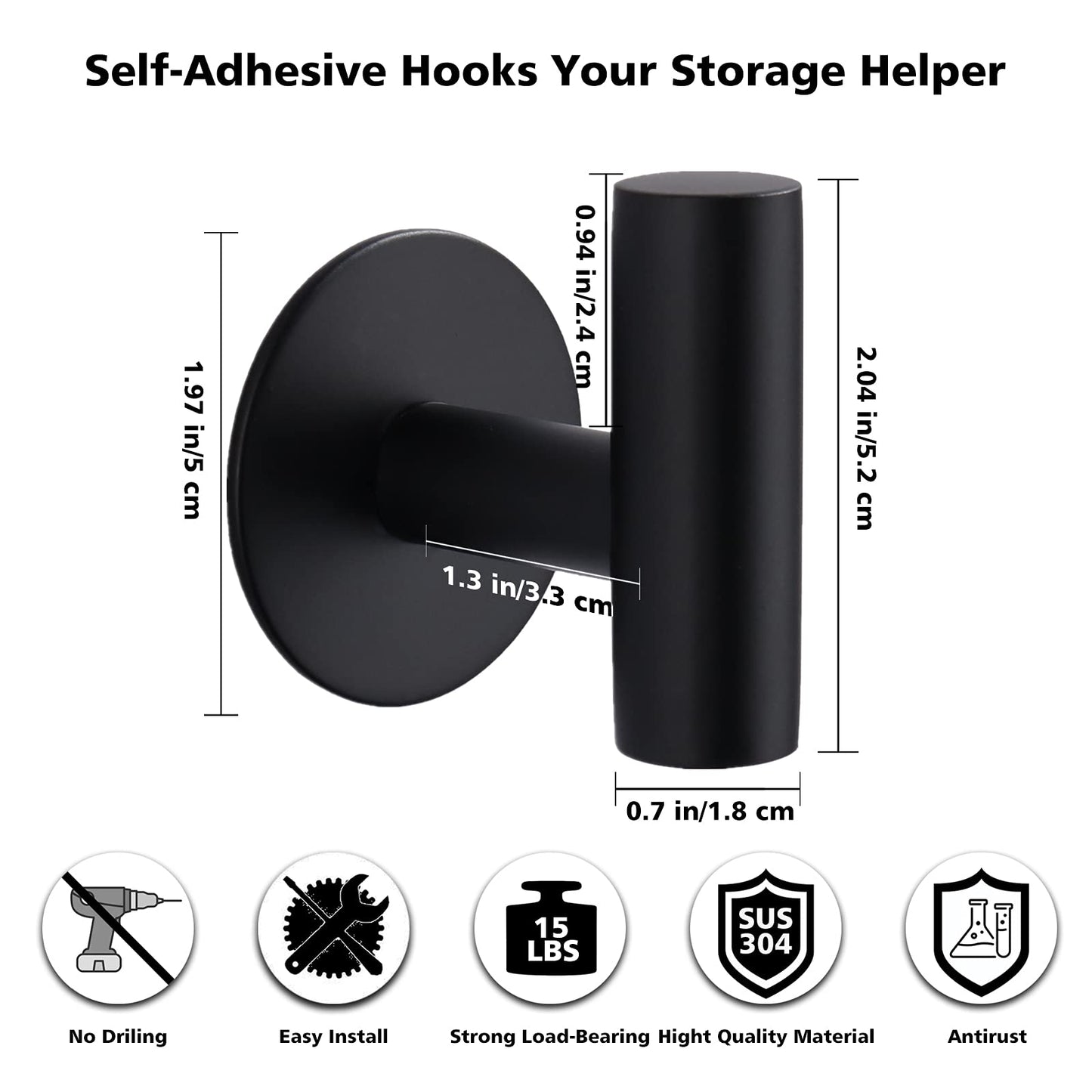 Bntuk Adhesive Towel Hooks, Heavy Duty Wall Hooks Stainless Steel Waterproof Shower Towel Hooks, Coat Hook for Hanging Clothes, Adhesive Hooks for Bathroom, Glass Window- 4 Pack, Black