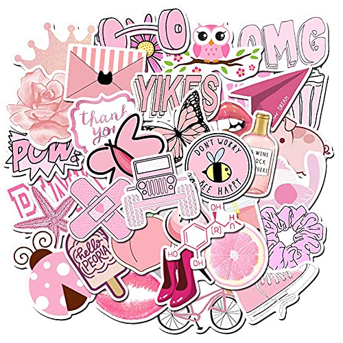 50 PCS Aesthetic Sticker Pack - Waterproof Vinyl Decals for Water Bottles - Pink