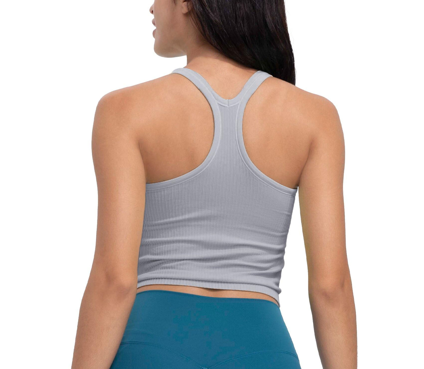 Excwudy Seamless Ribbed Workout Racerback Tank Tops with Built in Bra for Women Grey-Purple L